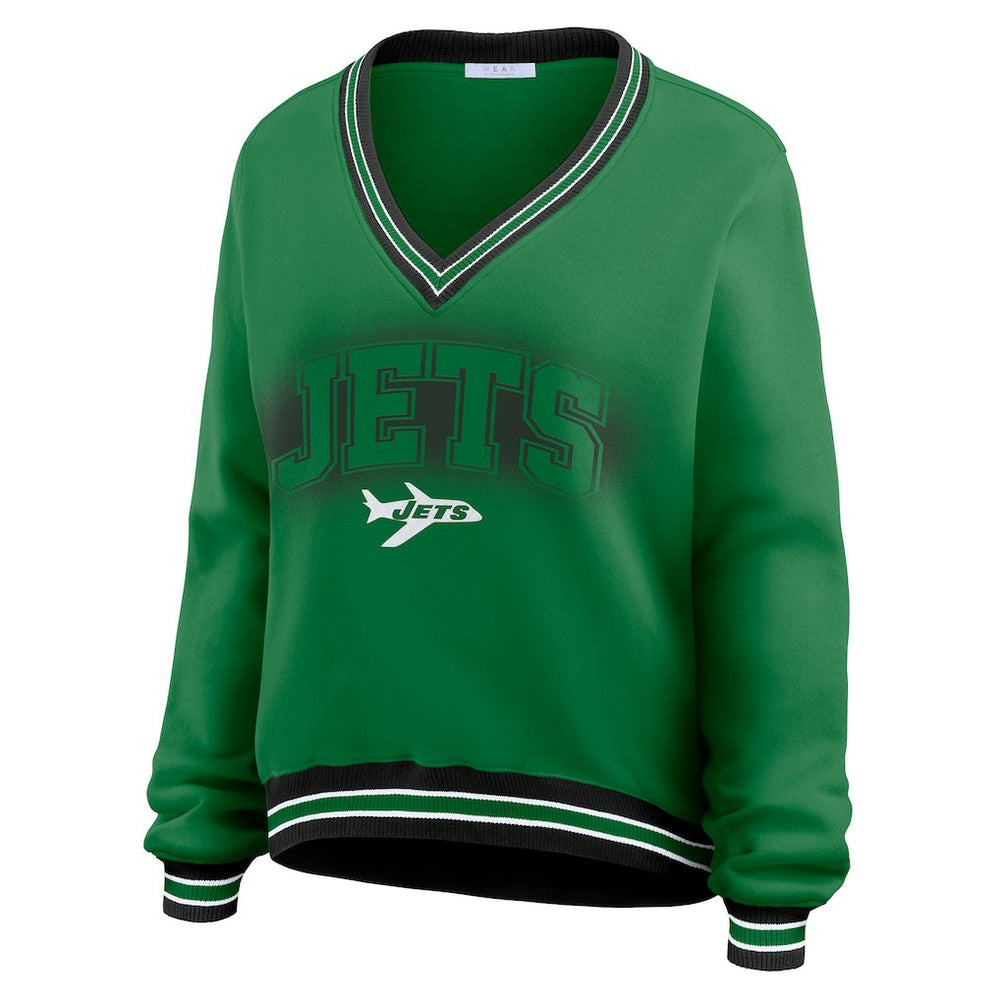New York Jets WEAR by Erin Andrews Women's Oversized Long Sleeve V-Neck Sweatshirt - Green Sweatshirts