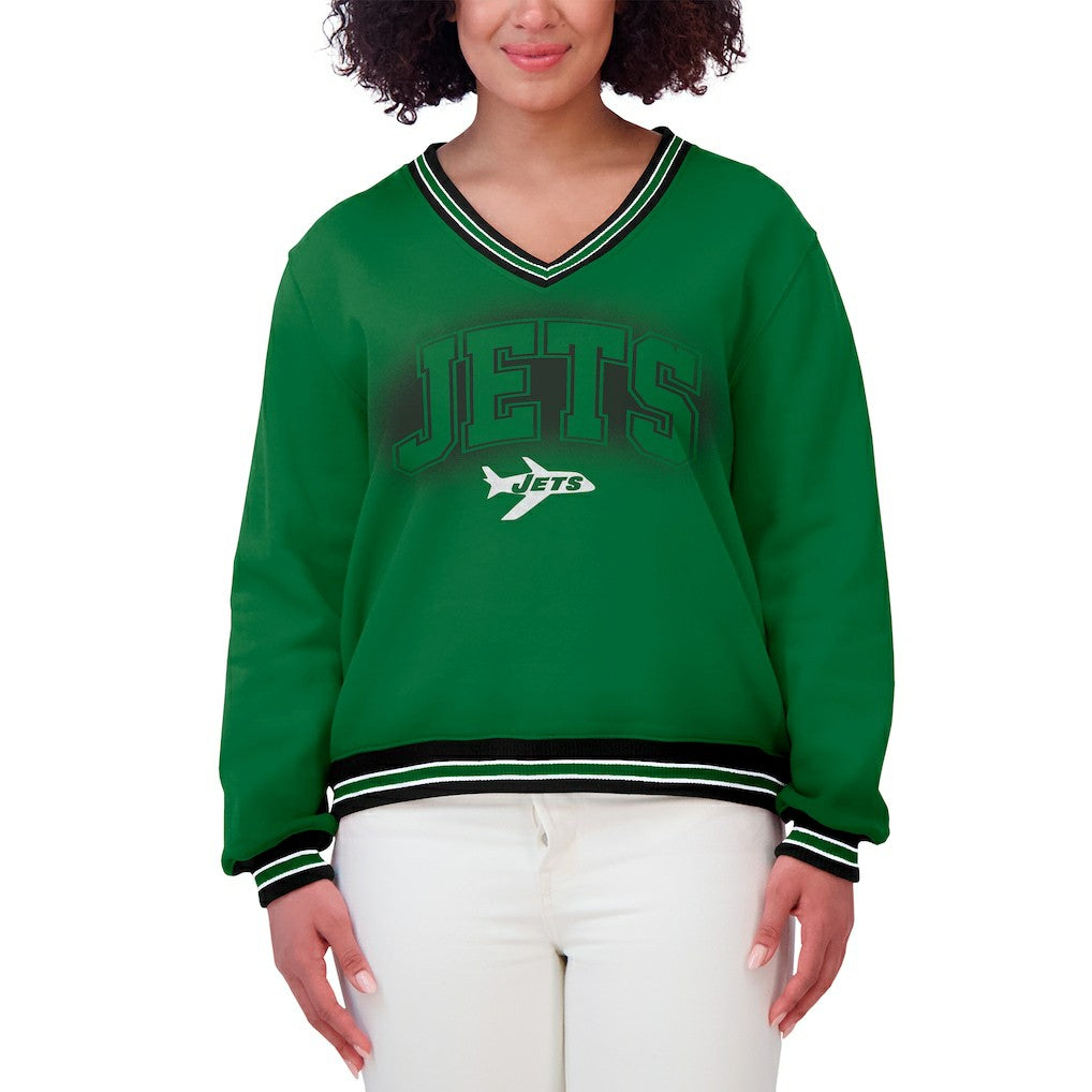 New York Jets WEAR by Erin Andrews Women's Oversized Long Sleeve V-Neck Sweatshirt - Green Sweatshirts