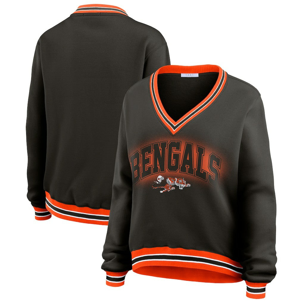 Cincinnati Bengals WEAR by Erin Andrews Women's Oversized Long Sleeve V-Neck Sweatshirt - Black Sweatshirts