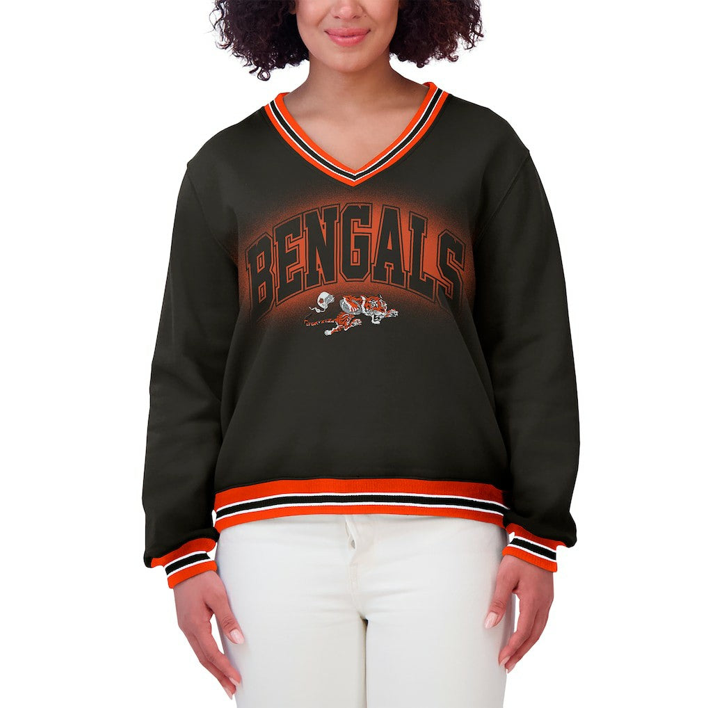 Cincinnati Bengals WEAR by Erin Andrews Women's Oversized Long Sleeve V-Neck Sweatshirt - Black Sweatshirts