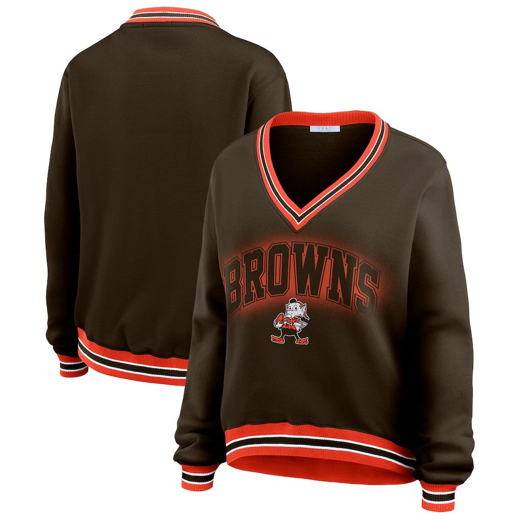 Cleveland Browns WEAR by Erin Andrews Women's Oversized Long Sleeve V-Neck Sweatshirt - Brown Sweatshirts