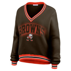 Cleveland Browns WEAR by Erin Andrews Women's Oversized Long Sleeve V-Neck Sweatshirt - Brown Sweatshirts