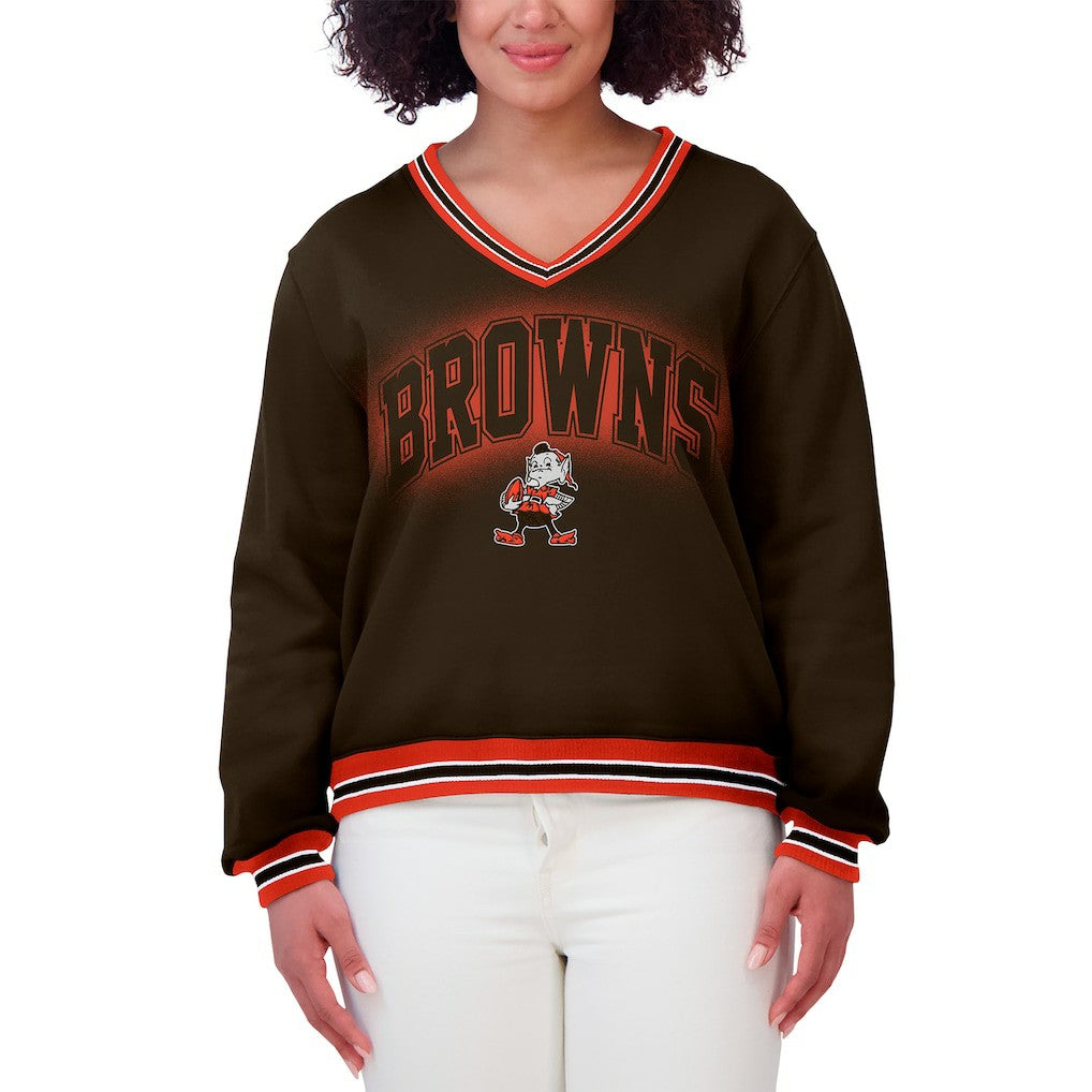 Cleveland Browns WEAR by Erin Andrews Women's Oversized Long Sleeve V-Neck Sweatshirt - Brown Sweatshirts