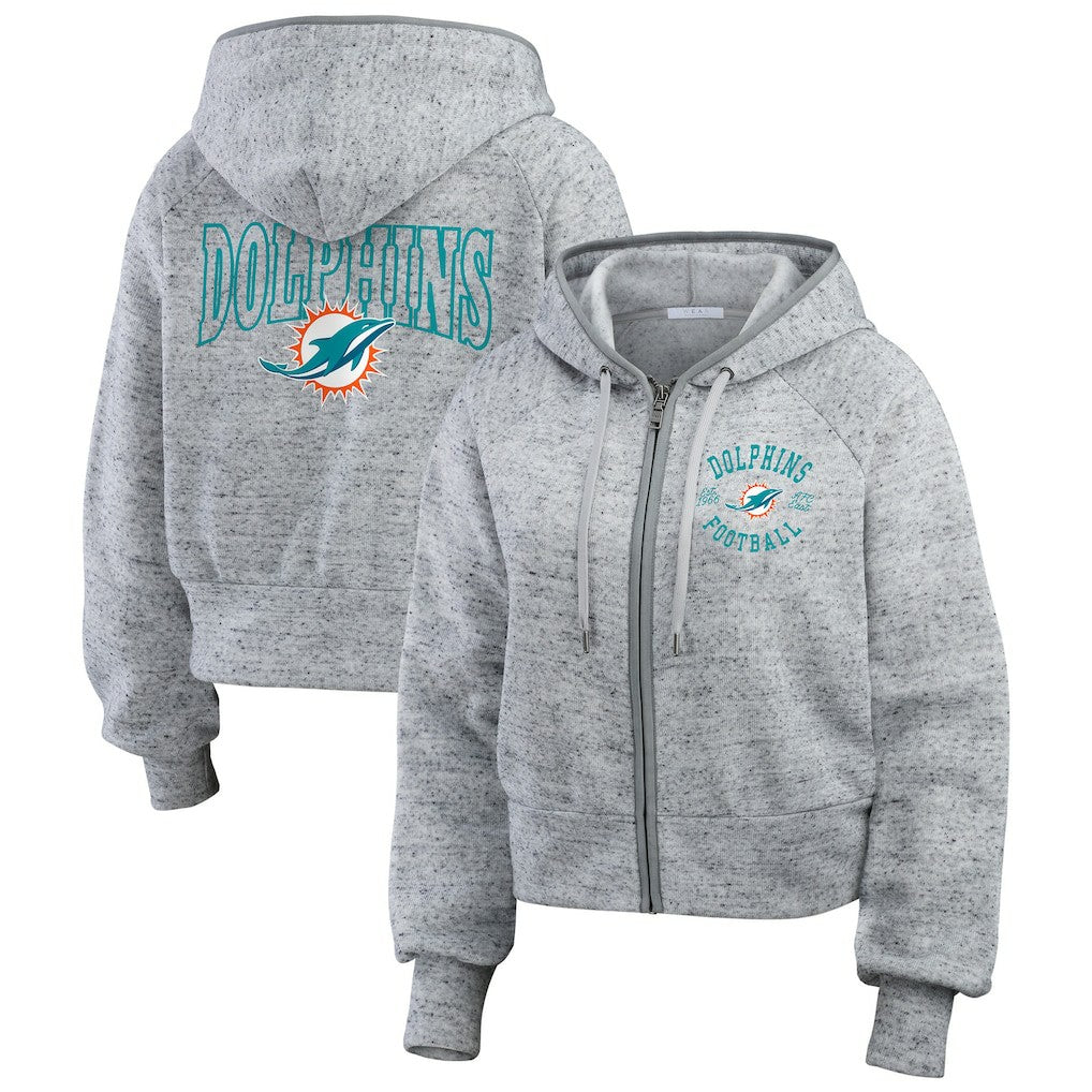 Miami Dolphins WEAR by Erin Andrews Women's Speckled Fleece Cropped Full-Zip Hoodie - Heather Gray Hoodies