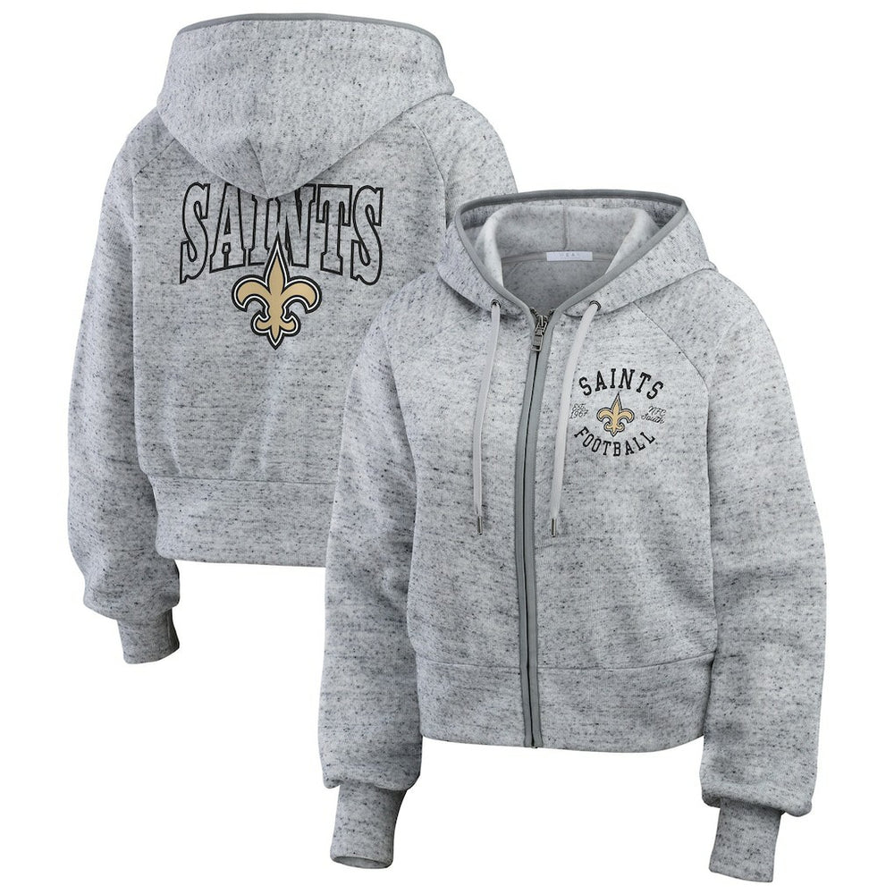 New Orleans Saints WEAR by Erin Andrews Women's Speckled Fleece Cropped Full-Zip Hoodie - Heather Gray Hoodies