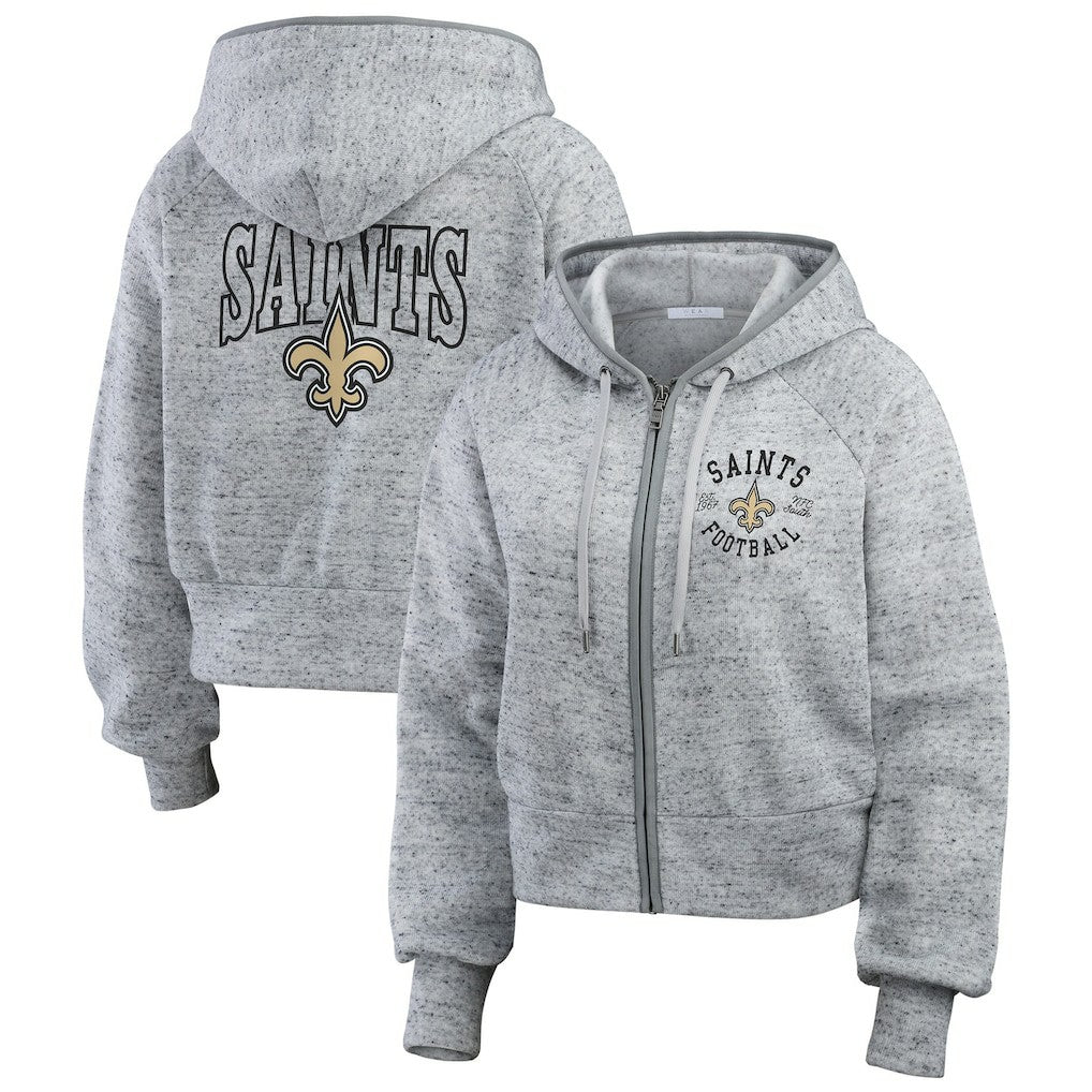 New Orleans Saints WEAR by Erin Andrews Women's Speckled Fleece Cropped Full-Zip Hoodie - Heather Gray Hoodies