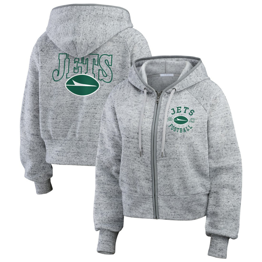 New York Jets WEAR by Erin Andrews Women's Speckled Fleece Cropped Full-Zip Hoodie - Heather Gray Hoodies