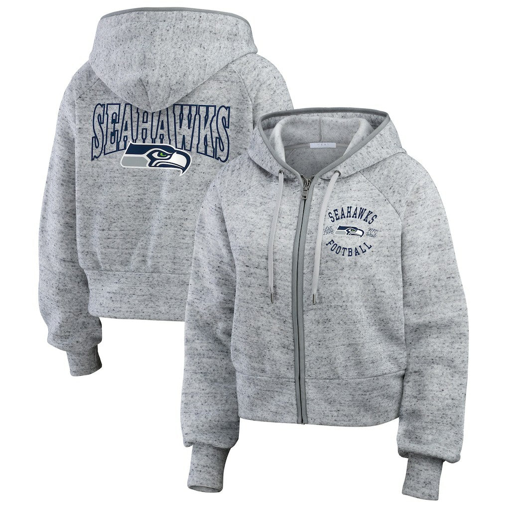 Seattle Seahawks WEAR by Erin Andrews Women's Speckled Fleece Cropped Full-Zip Hoodie - Heather Gray Hoodies