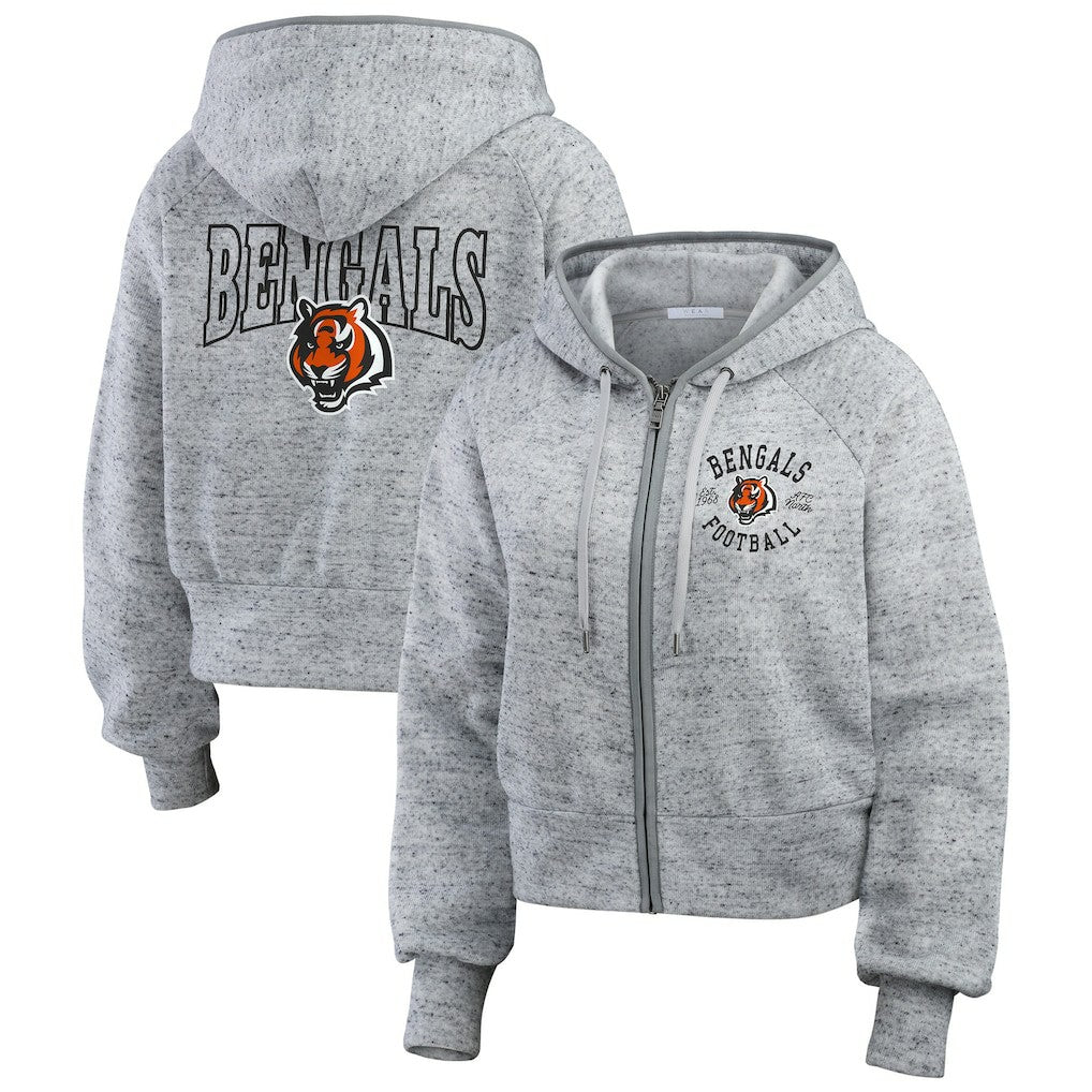 Cincinnati Bengals WEAR by Erin Andrews Women's Speckled Fleece Cropped Full-Zip Hoodie - Heather Gray Hoodies