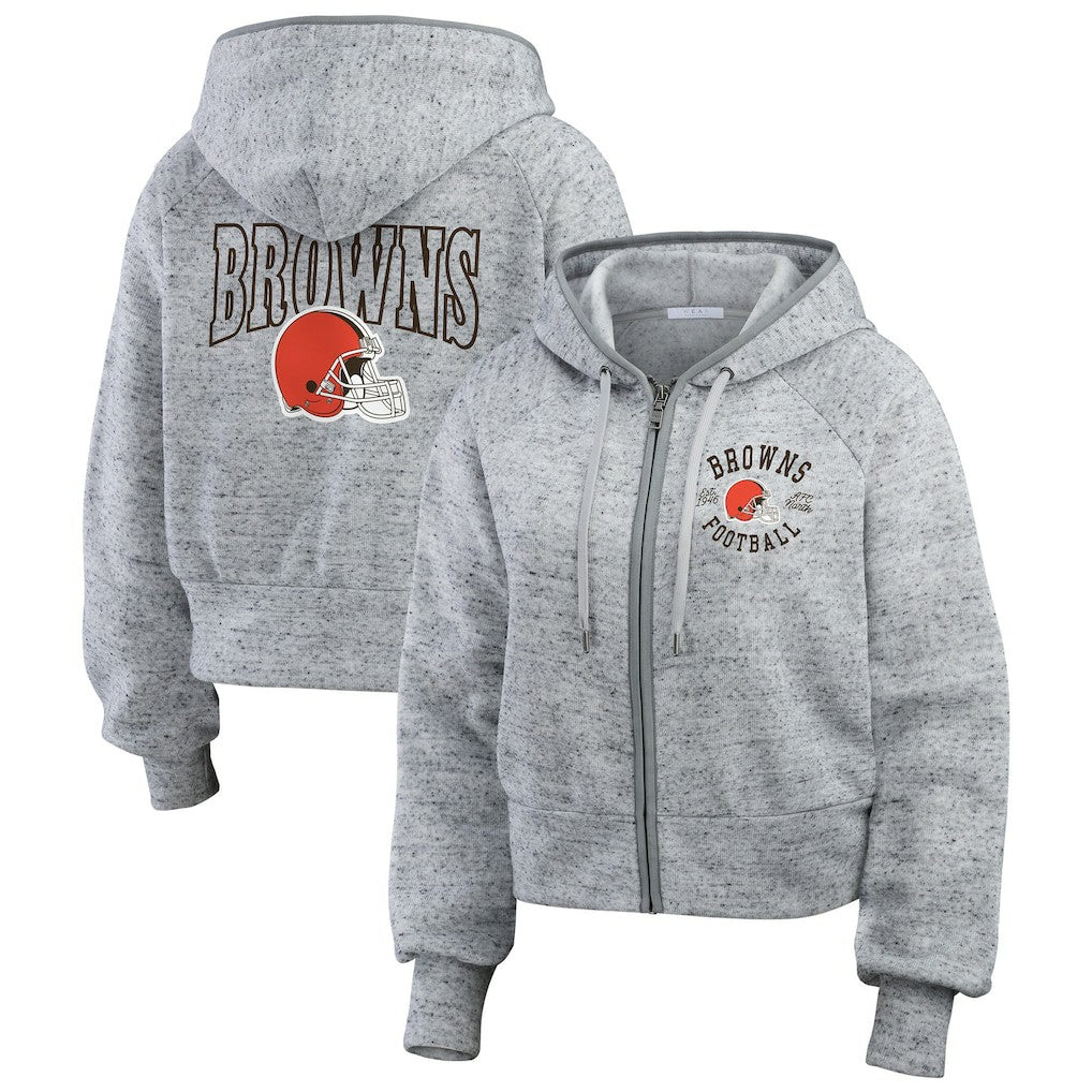 Cleveland Browns WEAR by Erin Andrews Women's Speckled Fleece Cropped Full-Zip Hoodie - Heather Gray Hoodies