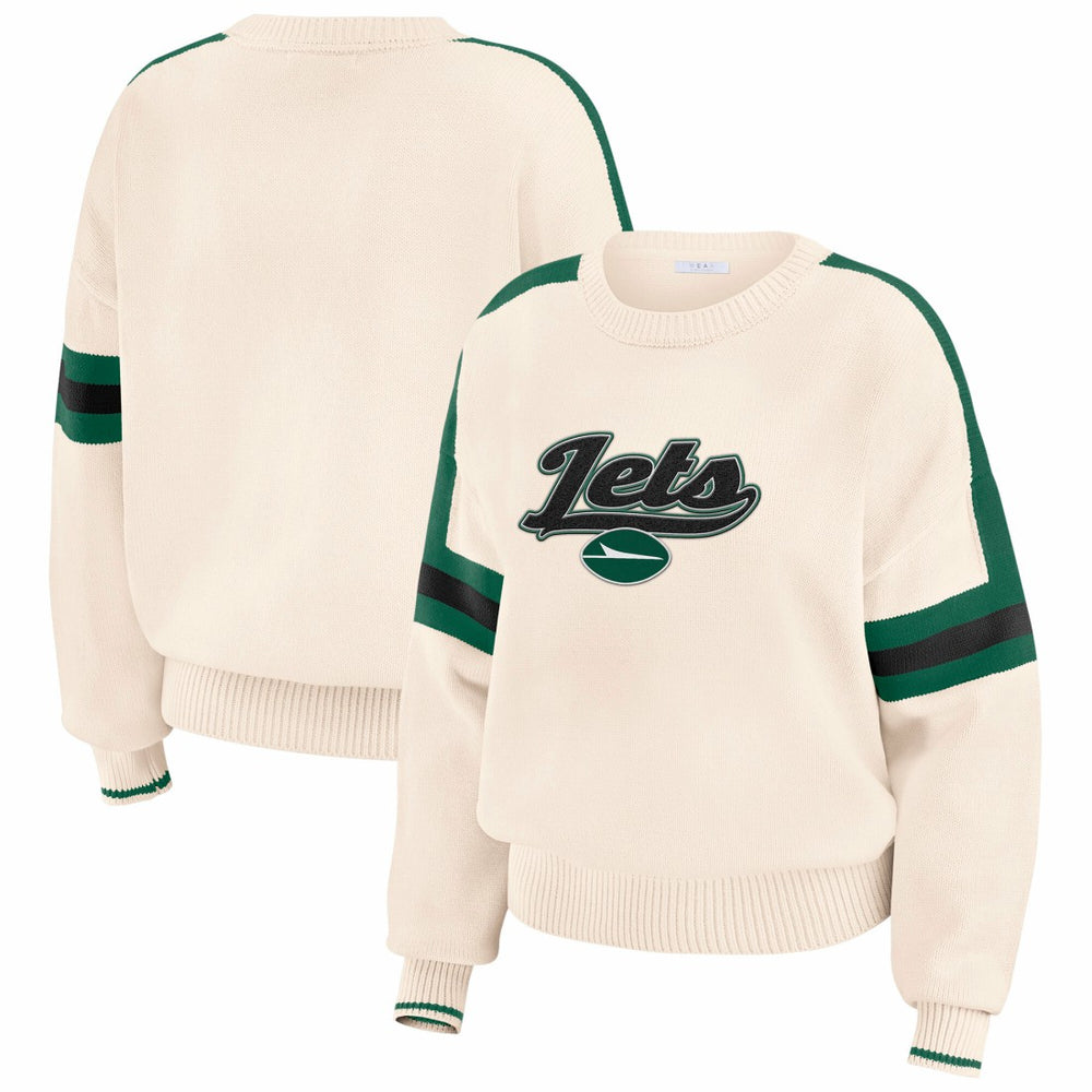 New York Jets WEAR by Erin Andrews Women's Stripe Pullover Sweater - Cream Pullover