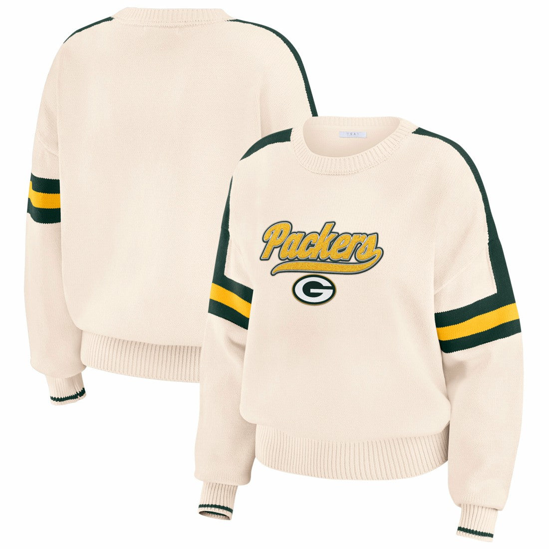 Green Bay Packers WEAR by Erin Andrews Women's Stripe Pullover Sweater - Cream Pullover