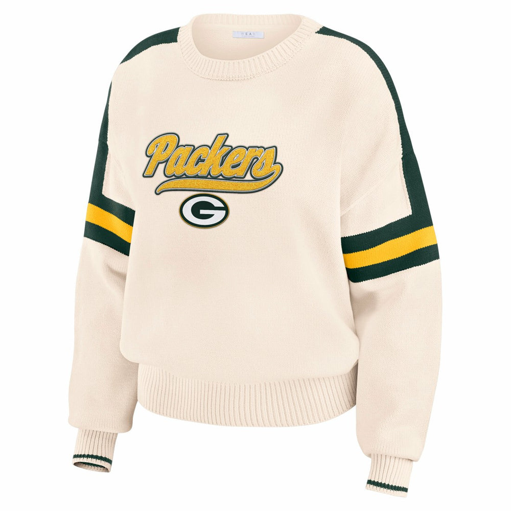 Green Bay Packers WEAR by Erin Andrews Women's Stripe Pullover Sweater - Cream Pullover