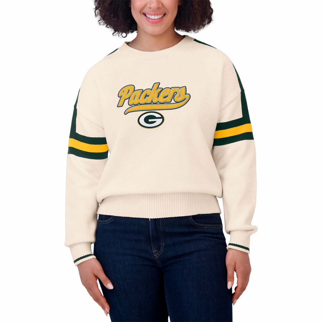 Green Bay Packers WEAR by Erin Andrews Women's Stripe Pullover Sweater - Cream Pullover