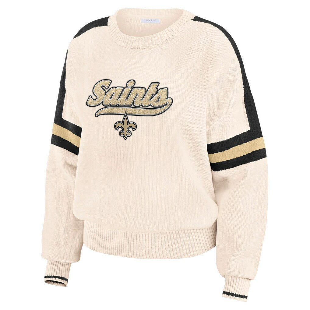 New Orleans Saints WEAR by Erin Andrews Women's Stripe Pullover Sweater - Cream Pullover