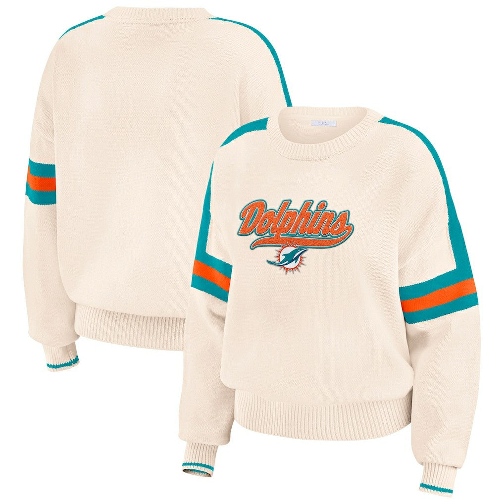 Miami Dolphins WEAR by Erin Andrews Women's Stripe Pullover Sweater - Cream Pullover