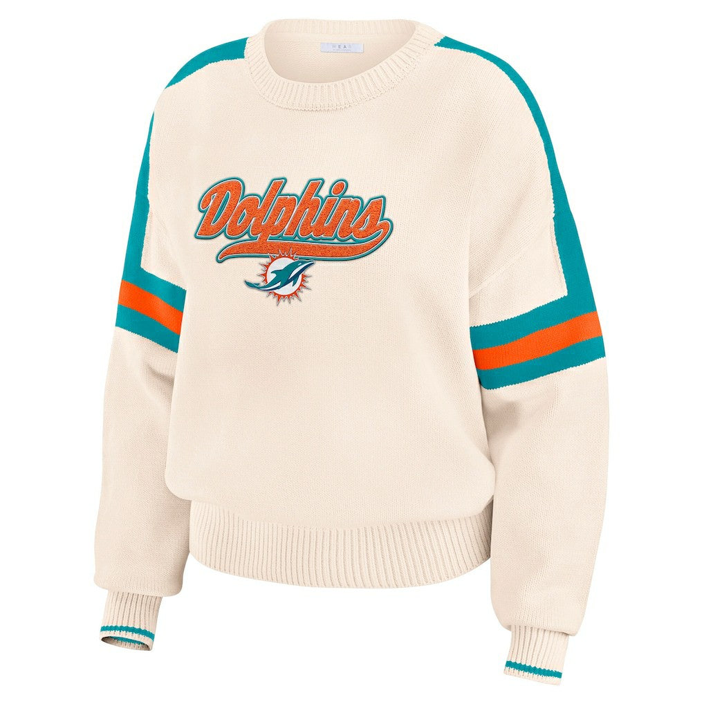 Miami Dolphins WEAR by Erin Andrews Women's Stripe Pullover Sweater - Cream Pullover