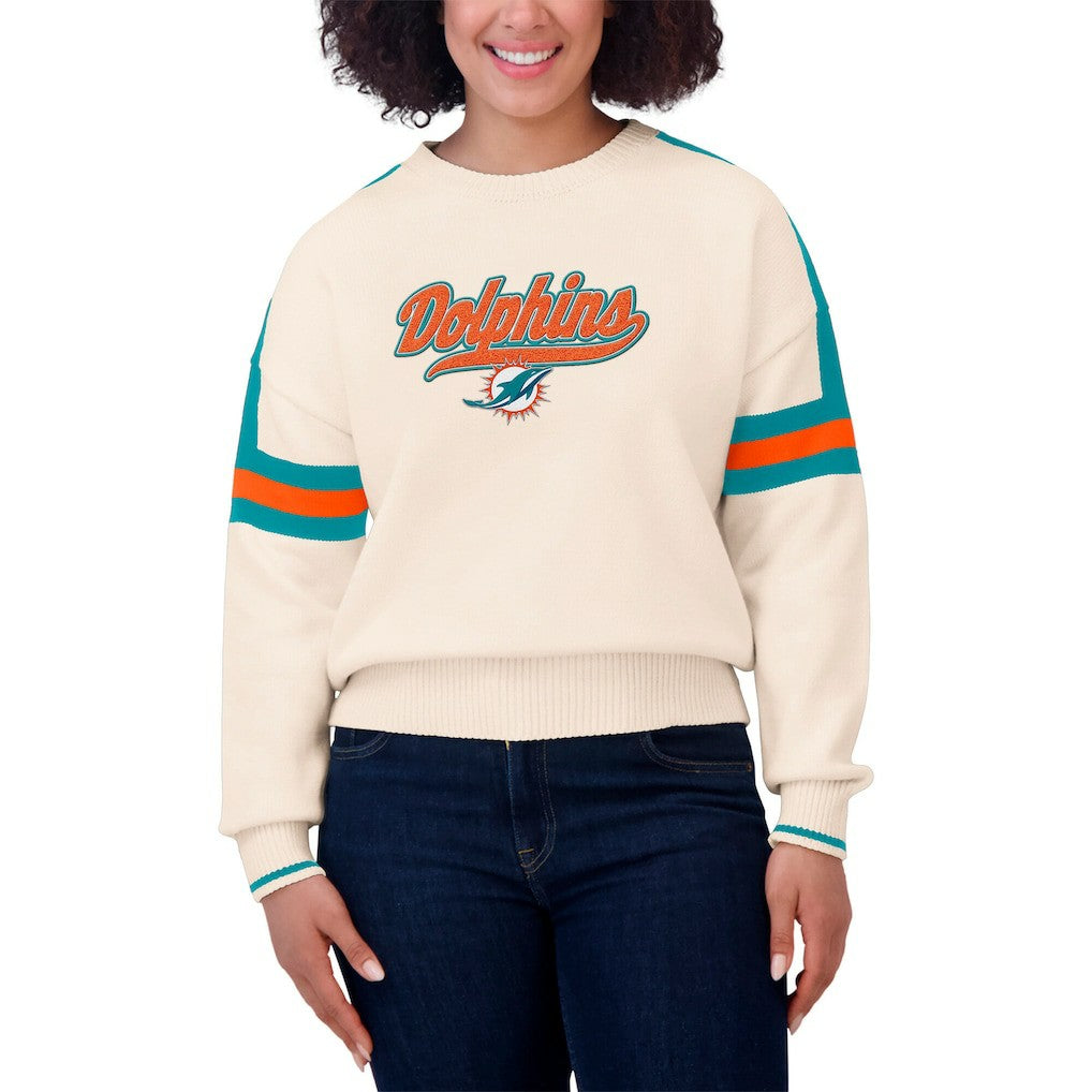 Miami Dolphins WEAR by Erin Andrews Women's Stripe Pullover Sweater - Cream Pullover