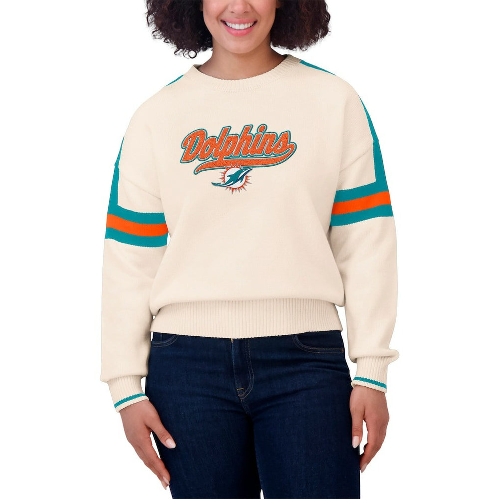Miami Dolphins WEAR by Erin Andrews Women's Stripe Pullover Sweater - Cream Pullover