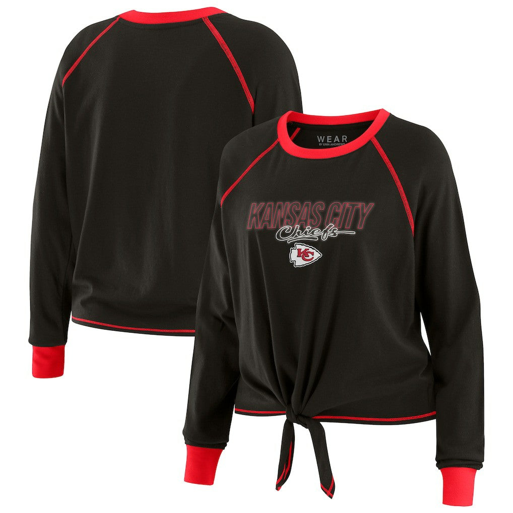 Kansas City Chiefs WEAR by Erin Andrews Women's Tie-Front Long Sleeve T-Shirt - Black T-shirts