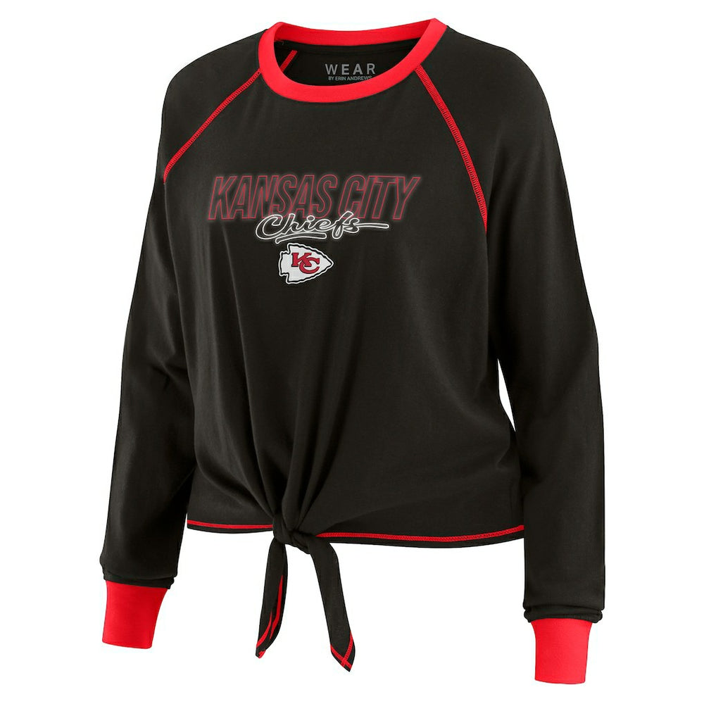Kansas City Chiefs WEAR by Erin Andrews Women's Tie-Front Long Sleeve T-Shirt - Black T-shirts