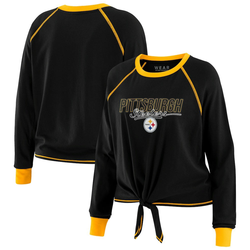 Pittsburgh Steelers WEAR by Erin Andrews Women's Tie-Front Long Sleeve T-Shirt - Black T-shirts
