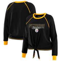 Pittsburgh Steelers WEAR by Erin Andrews Women's Tie-Front Long Sleeve T-Shirt - Black T-shirts