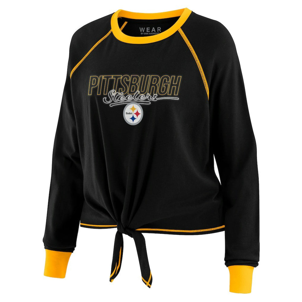 Pittsburgh Steelers WEAR by Erin Andrews Women's Tie-Front Long Sleeve T-Shirt - Black T-shirts
