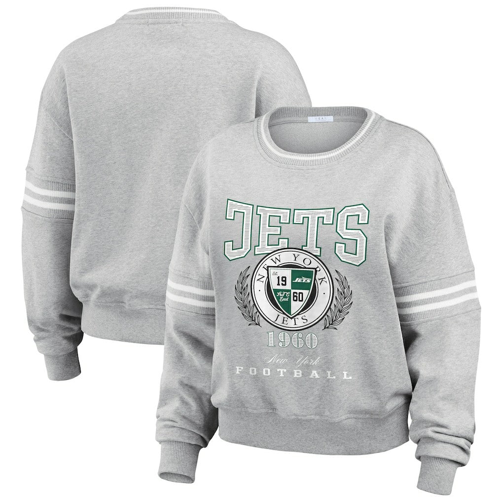 New York Jets WEAR by Erin Andrews Women's Crest Cropped Pullover Sweatshirt - Heather Gray Pullover