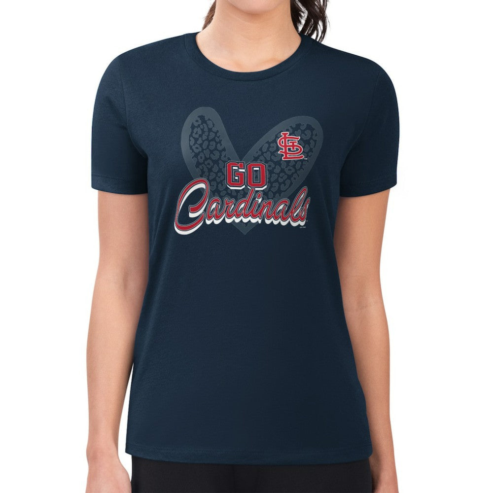 St. Louis Cardinals G-III 4Her by Carl Banks Women's Super-Slim Fit Lightweight Leopard Heart T-Shirt - Navy T-shirts