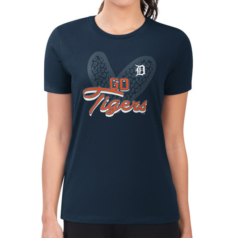 Detroit Tigers G-III 4Her by Carl Banks Women's Super-Slim Fit Lightweight Leopard Heart T-Shirt - Navy T-shirts