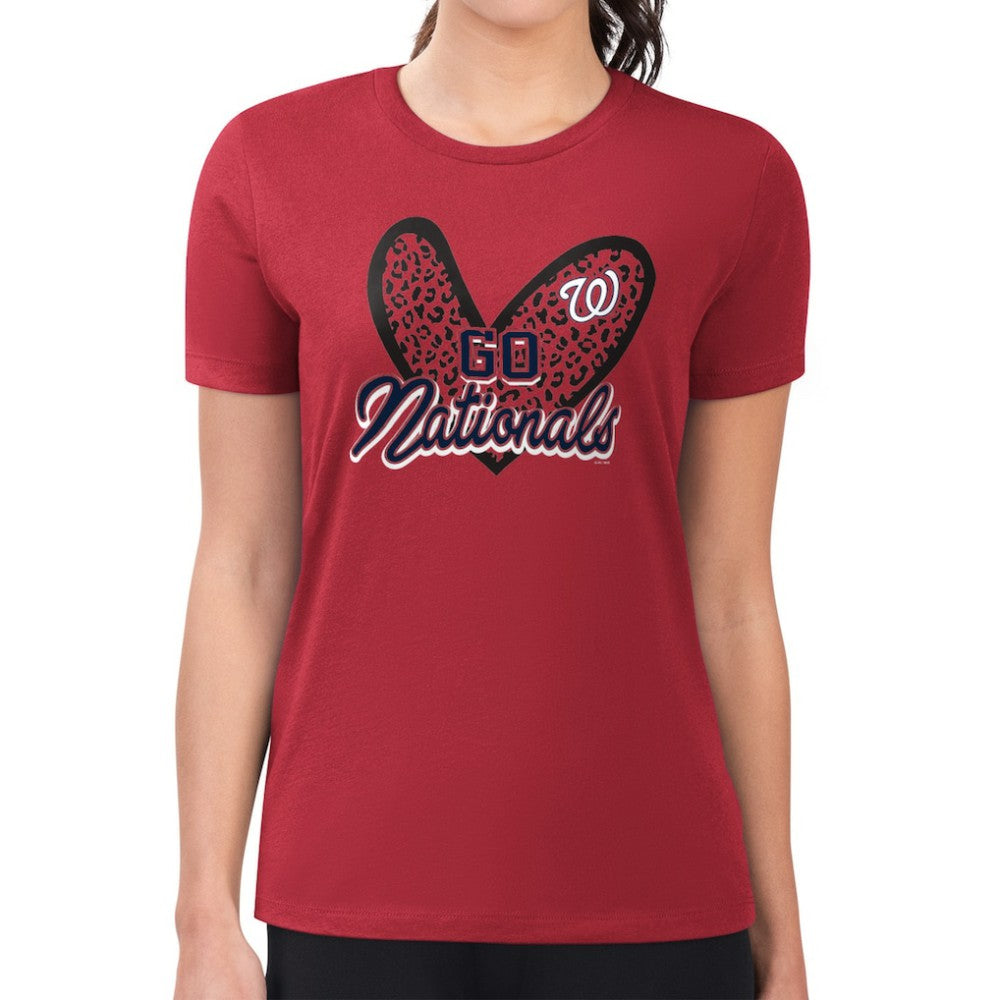 Washington Nationals G-III 4Her by Carl Banks Women's Super-Slim Fit Lightweight Leopard Heart T-Shirt - Red T-shirts