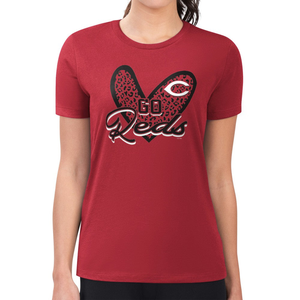 Cincinnati Reds G-III 4Her by Carl Banks Women's Super-Slim Fit Lightweight Leopard Heart T-Shirt - Red T-shirts
