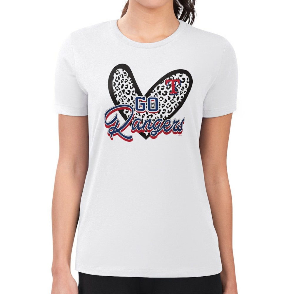 Texas Rangers G-III 4Her by Carl Banks Women's Super-Slim Fit Lightweight Leopard Heart T-Shirt - White T-shirts