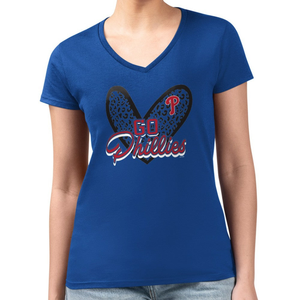 Philadelphia Phillies G-III 4Her by Carl Banks Women's Super-Slim Fit Lightweight Leopard Heart V-Neck T-Shirt - Royal T-shirts