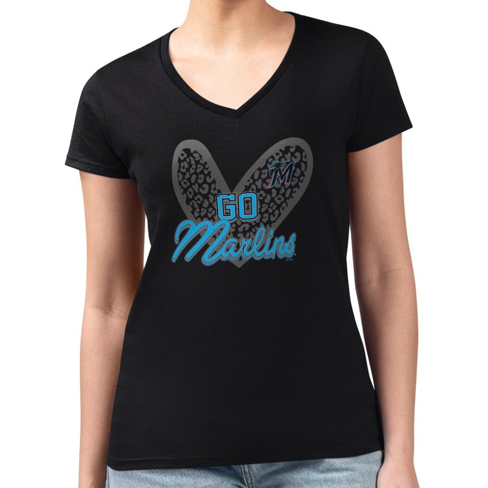 Miami Marlins G-III 4Her by Carl Banks Women's Super-Slim Fit Lightweight Leopard Heart V-Neck T-Shirt - Black T-shirts