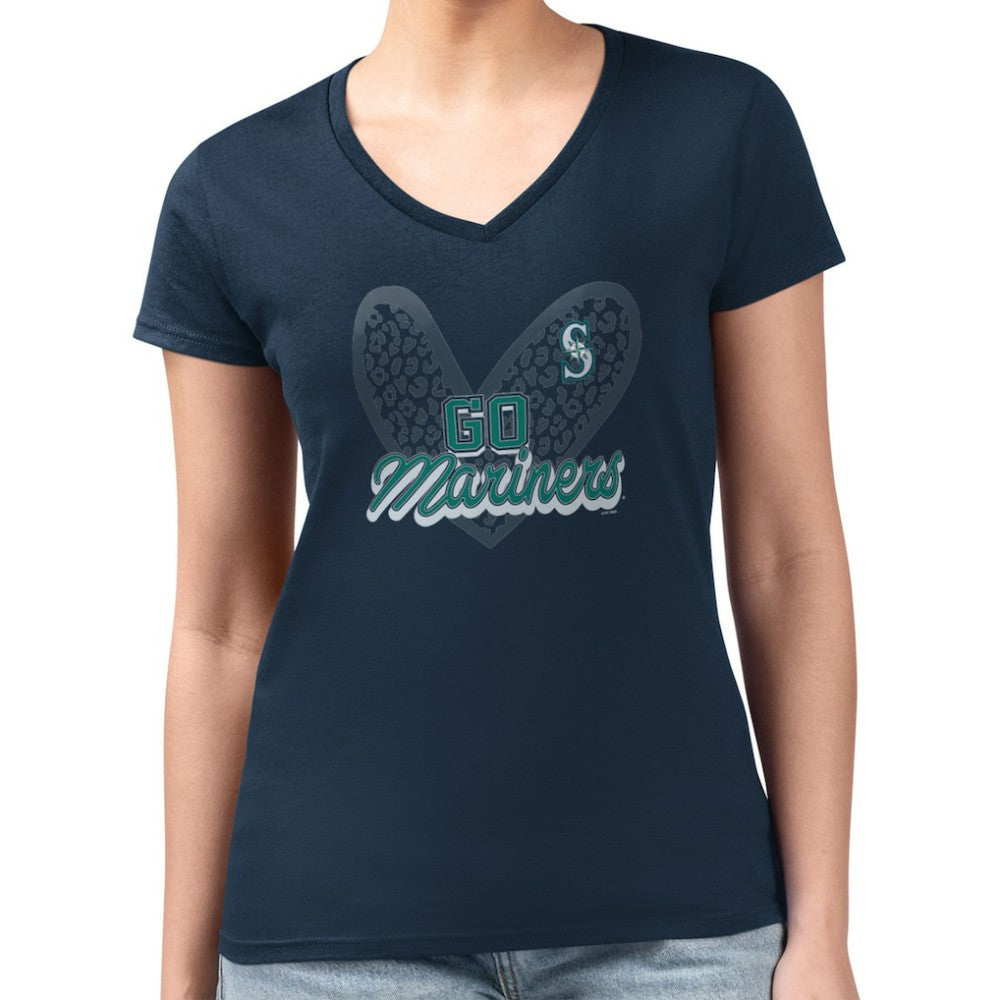 Seattle Mariners G-III 4Her by Carl Banks Women's Super-Slim Fit Lightweight Leopard Heart V-Neck T-Shirt - Navy T-shirts