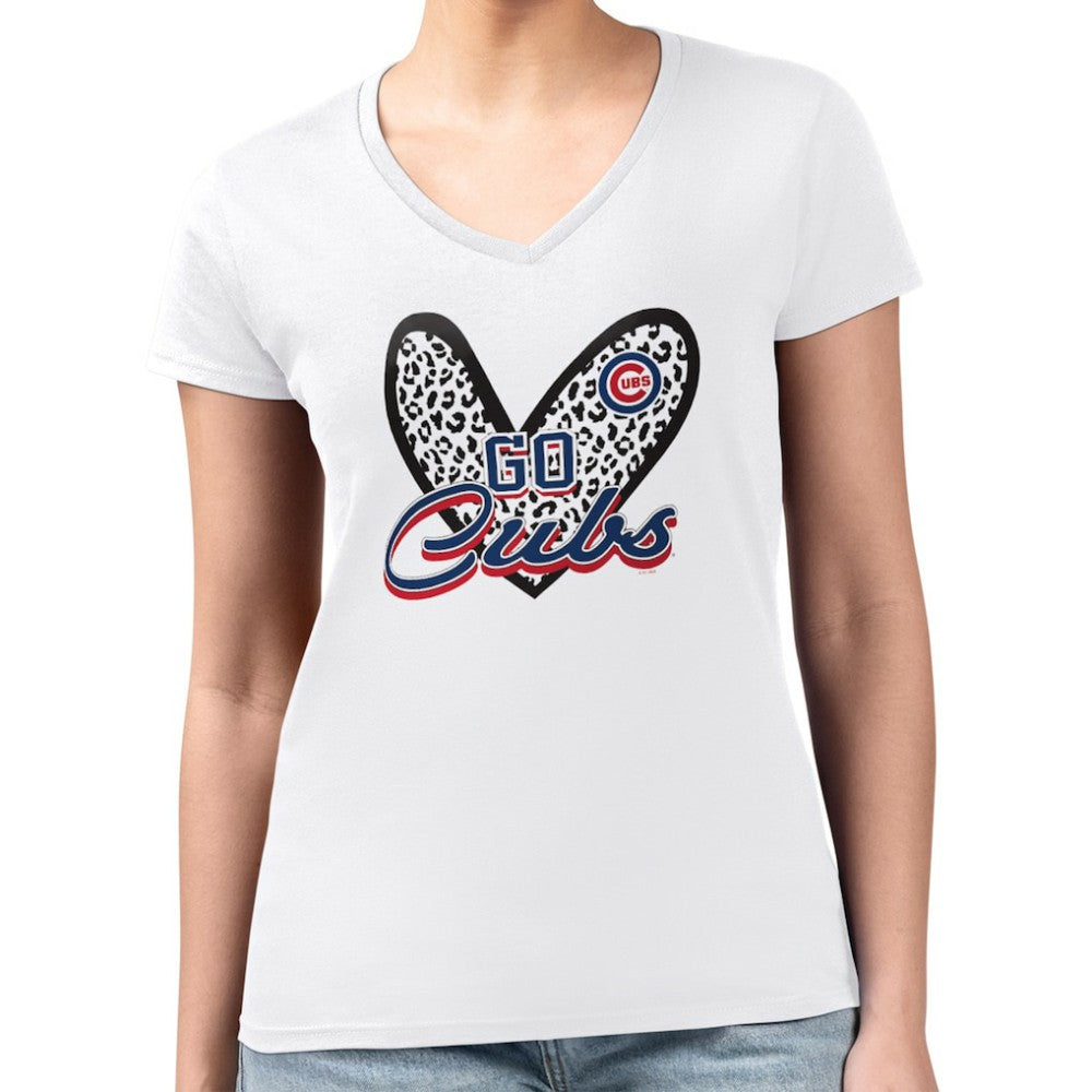 Chicago Cubs G-III 4Her by Carl Banks Women's Super-Slim Fit Lightweight Leopard Heart V-Neck T-Shirt - White T-shirts