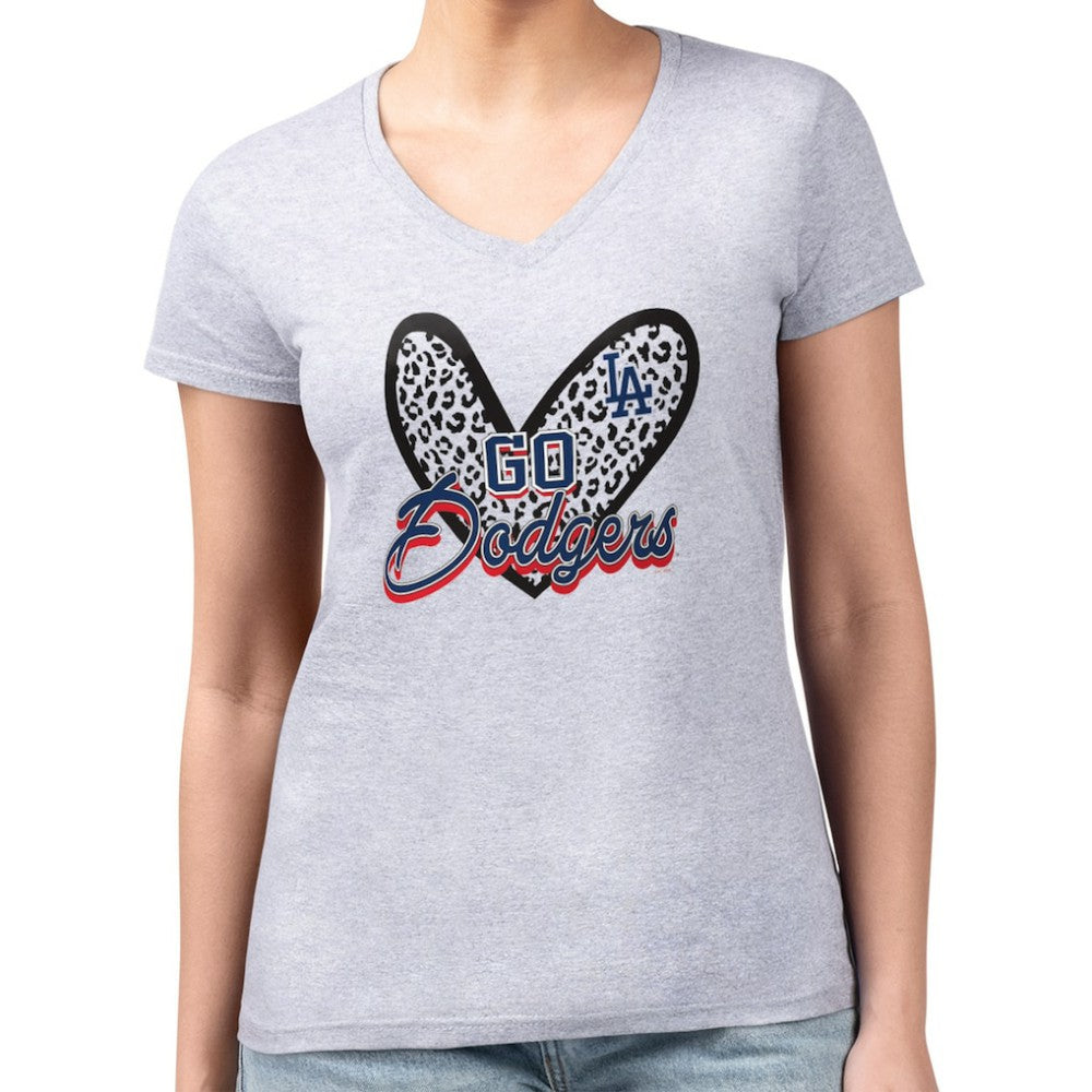 Los Angeles Dodgers G-III 4Her by Carl Banks Women's Super-Slim Fit Lightweight Leopard Heart V-Neck T-Shirt - Heather Gray T-shirts