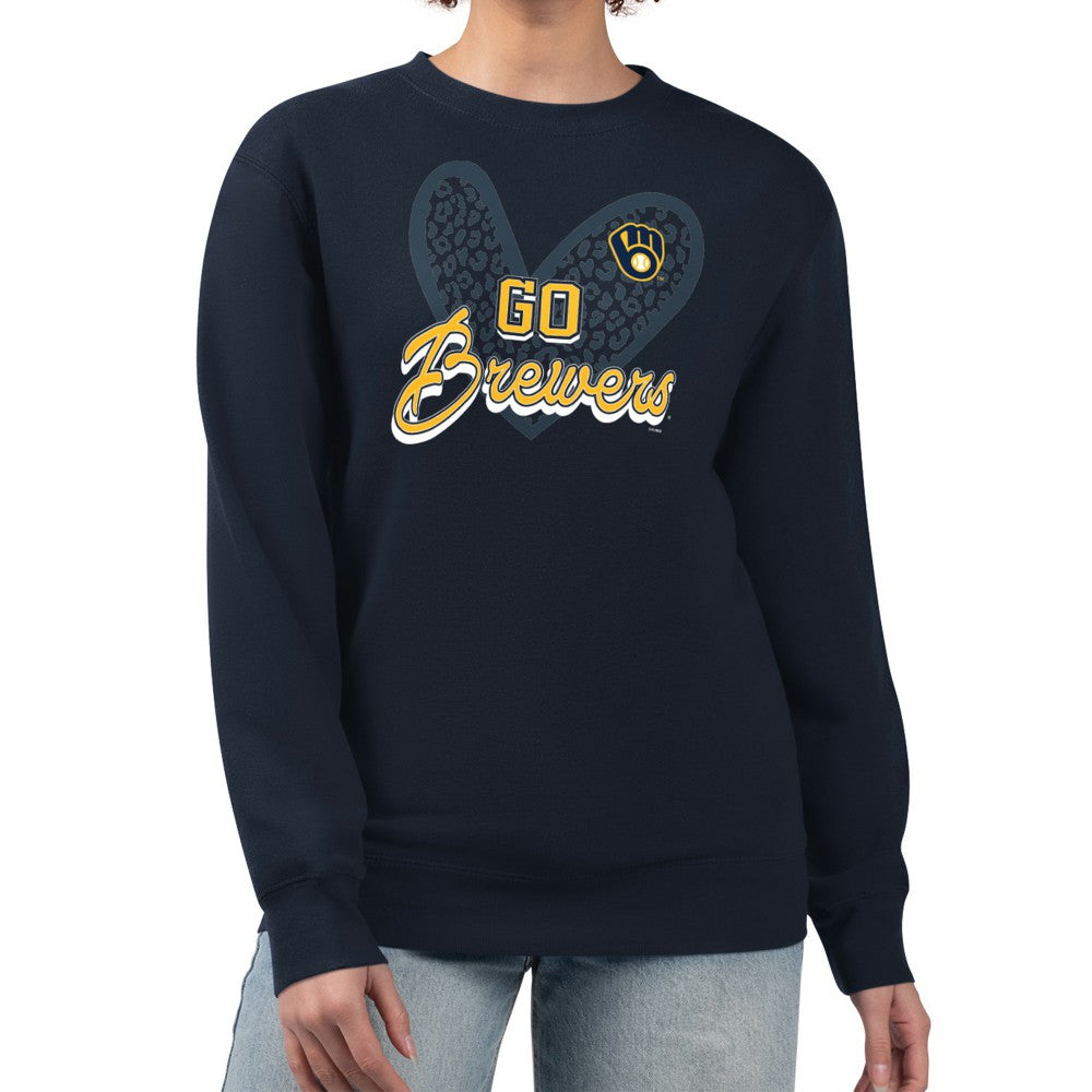 Milwaukee Brewers G-III 4Her by Carl Banks Women's Leopard Heart Pullover Sweatshirt - Navy Pullover
