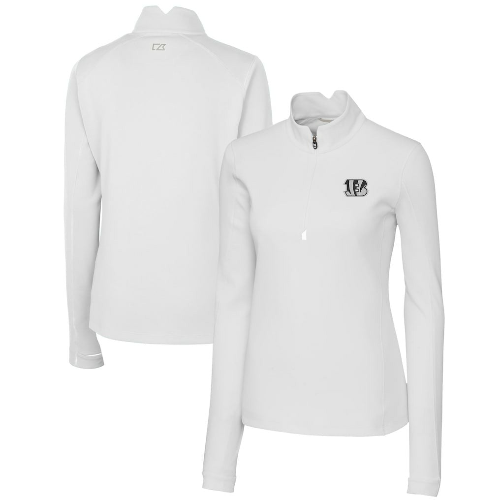 Cincinnati Bengals Cutter & Buck Women's Traverse Stretch DryTec Quarter-Zip Top - White Tops