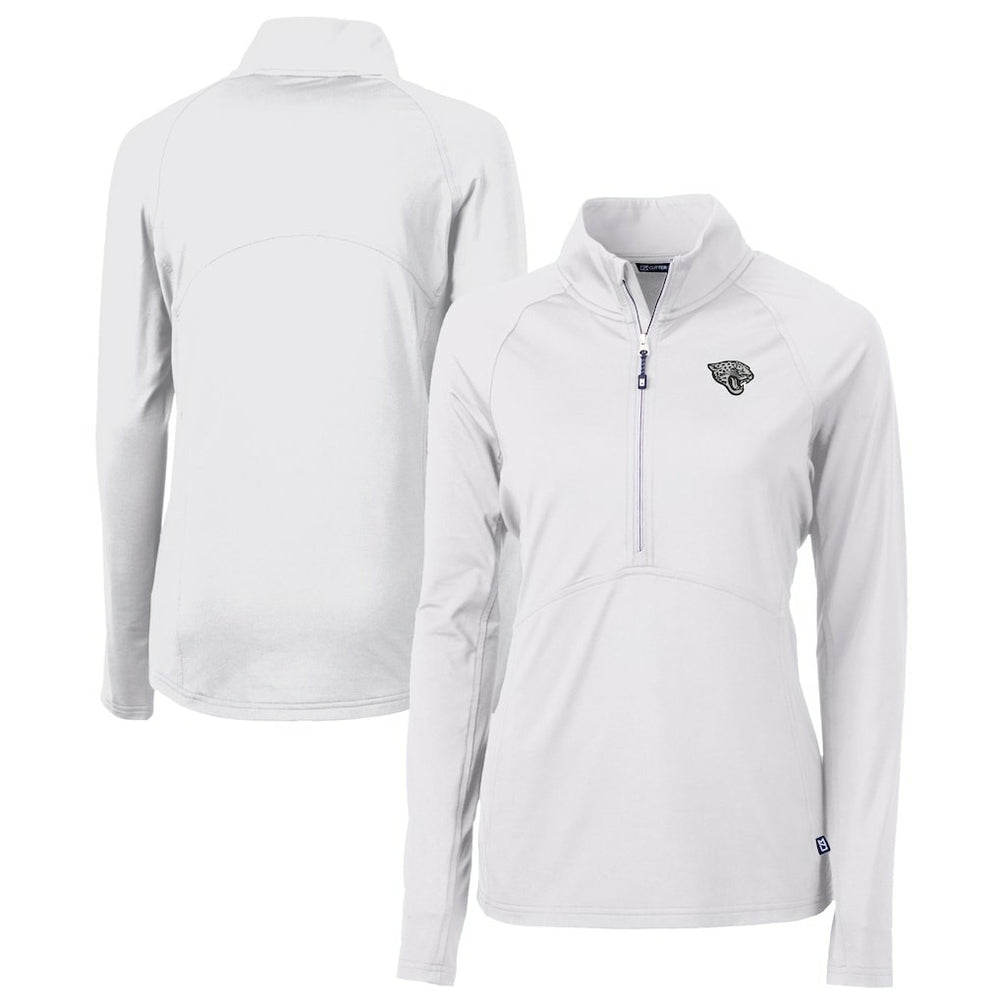 Jacksonville Jaguars Cutter & Buck Women's Adapt Eco Knit Stretch Recycled Raglan Half-Zip Top - White Tops