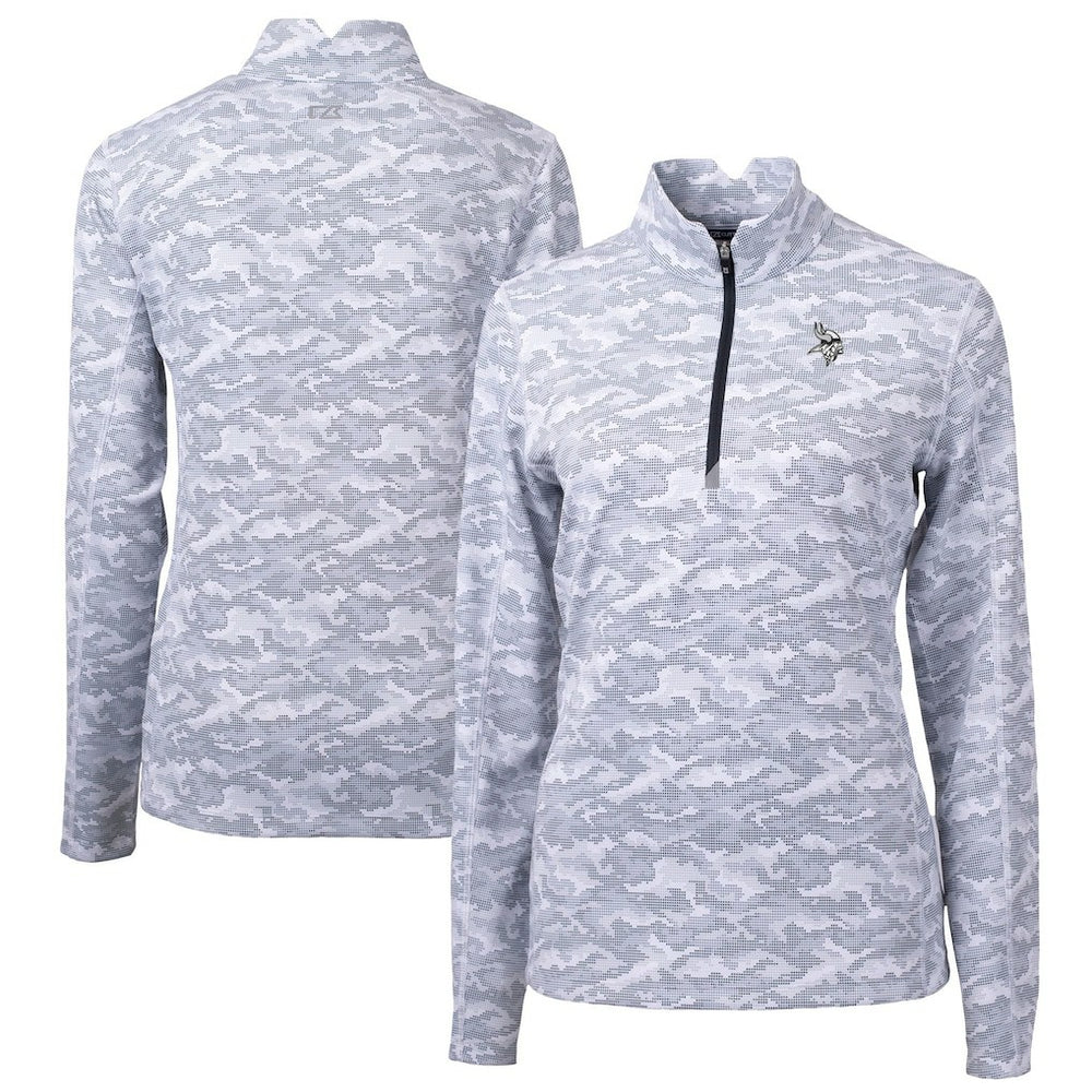 Minnesota Vikings Cutter & Buck Women's Traverse Camo Print Stretch Tri-Blend Quarter-Zip Top - Gray Tops