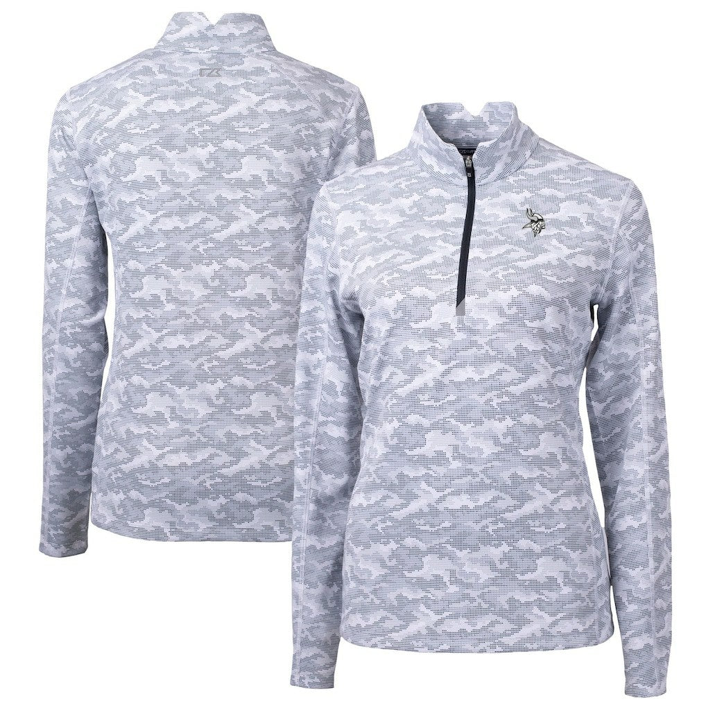 Minnesota Vikings Cutter & Buck Women's Traverse Camo Print Stretch Tri-Blend Quarter-Zip Top - Gray Tops