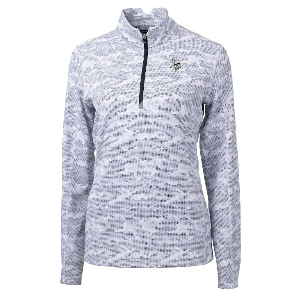 Minnesota Vikings Cutter & Buck Women's Traverse Camo Print Stretch Tri-Blend Quarter-Zip Top - Gray Tops