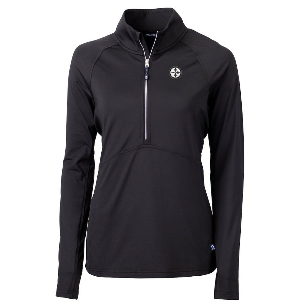 Pittsburgh Steelers Cutter & Buck Women's Adapt Eco Knit Stretch Recycled Raglan Half-Zip Top - Black Tops