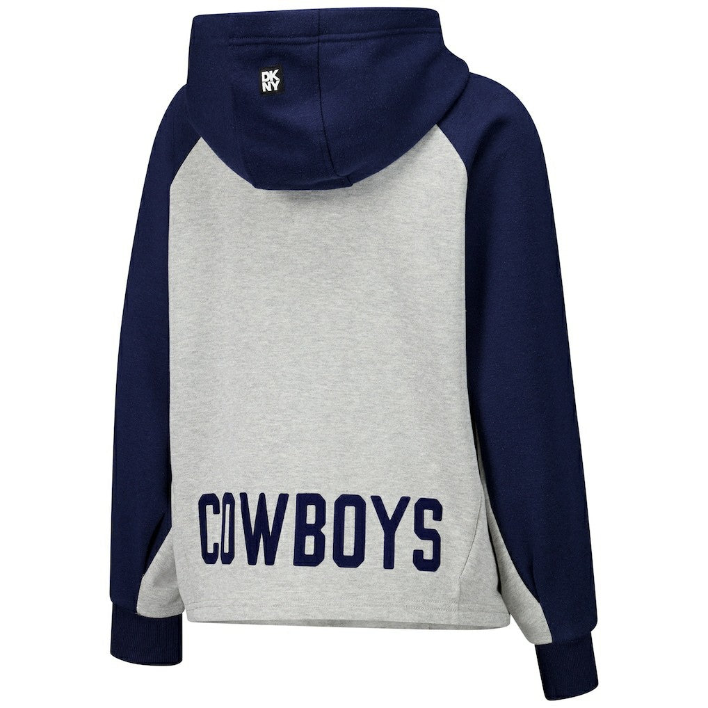 Dallas Cowboys DKNY Sport Women's Joy Cropped Raglan Pullover Hoodie - Gray/Navy - Gray/Navy Hoodies