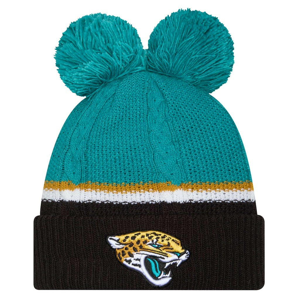 Jacksonville Jaguars New Era Women's Double Bubble Cuffed Knit Hat with Poms - Black Hats