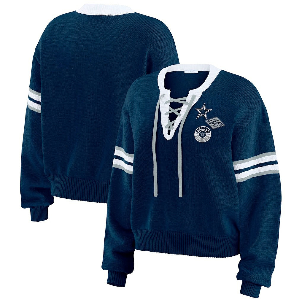 Dallas Cowboys WEAR by Erin Andrews Women's Lace-Up Sweater - Navy
