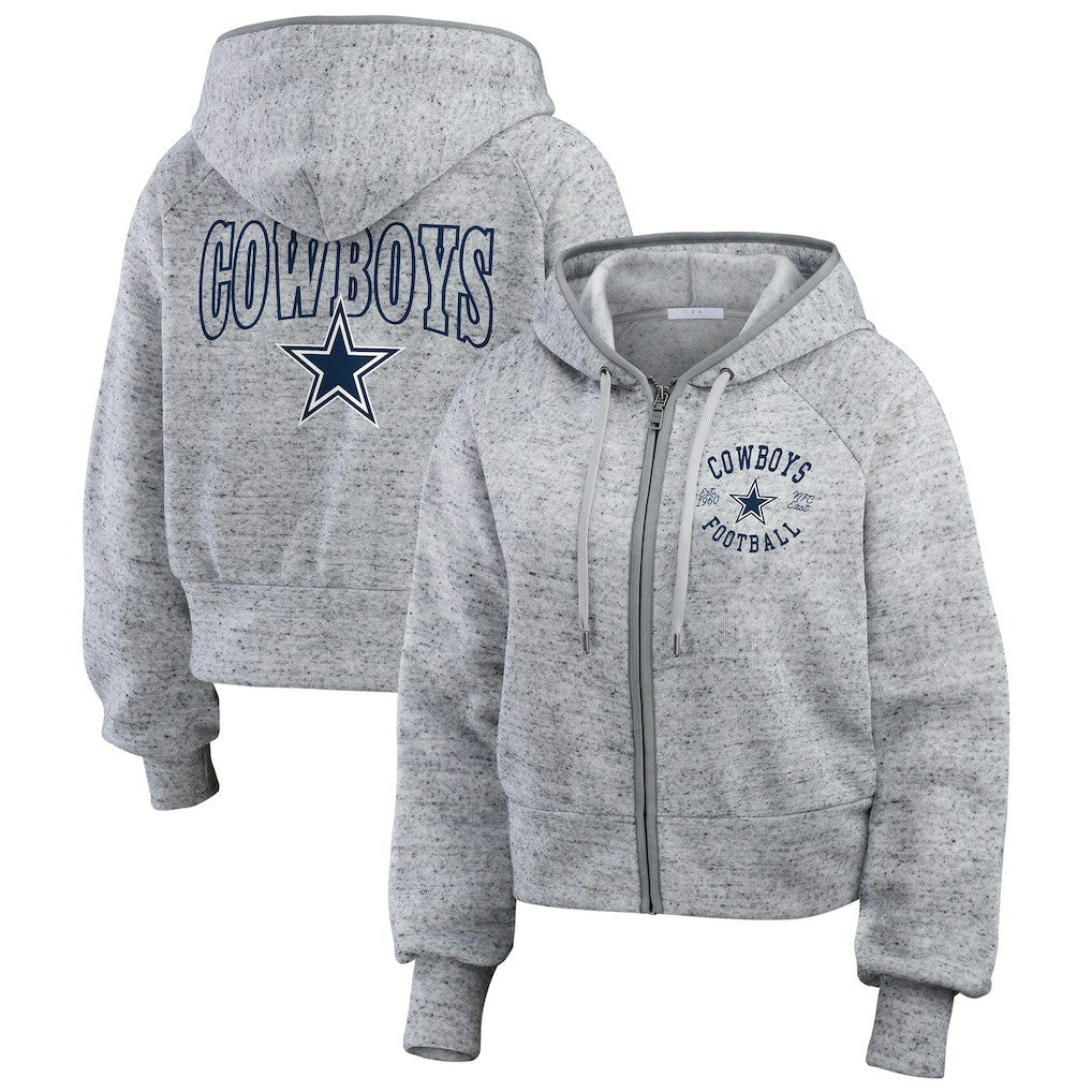 Dallas Cowboys WEAR by Erin Andrews Women's Speckled Fleece Cropped Full-Zip Hoodie - Heather Gray Hoodies